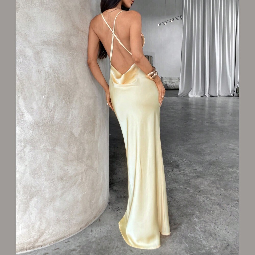 Pale Yellow Satin Cowl Neck Spaghetti Strap Maxi Dress - Picture 3 of 9